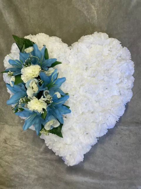 Baby Blue & White Artificial Silk Funeral Heart Tribute Wreath Memorial Flowers