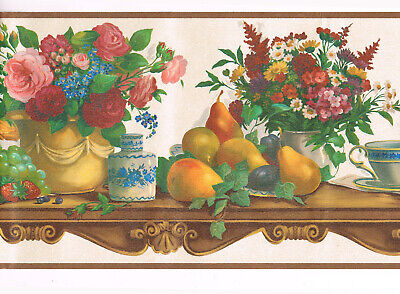 Victorian Floral Rose Vase Fruit Grape Tea cup Shelf Crackle Wallpaper Border