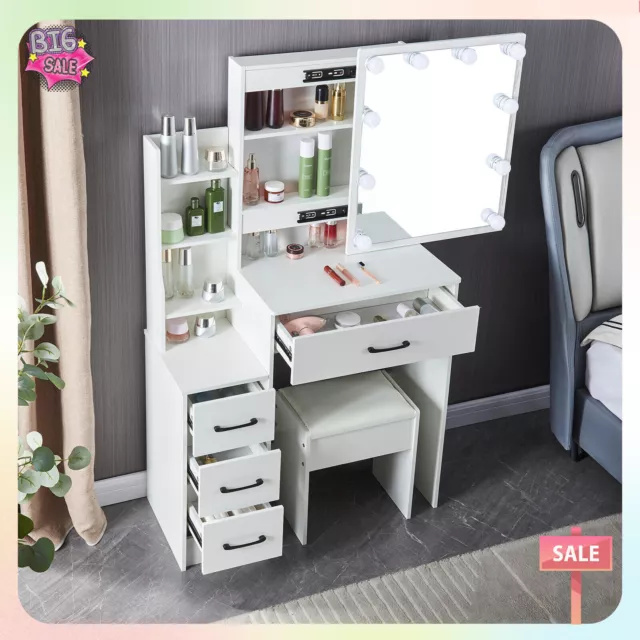 Modern White Dressing Table Stool Set with LED Light Mirror Vanity Make up Desk