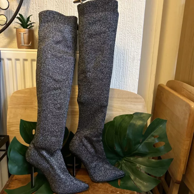 Moda In Pelle Yulia Silver Fabric Stretch Over-The-Knee Boots Size 40 UK6.5 New