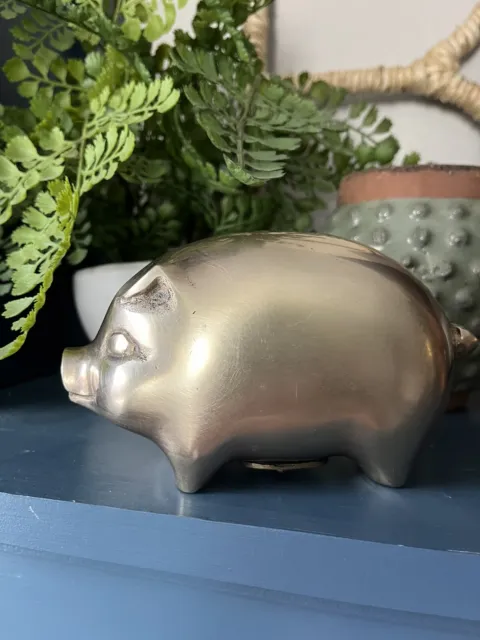 Vintage Solid Brass Pig Piggy Coin Bank w  Brass Stopper Farm Figurine