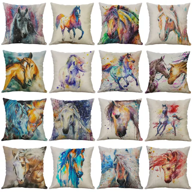 Colorful Horse Head PatternThrow Pillow Covers Faux Linen Decorative Pillowcase