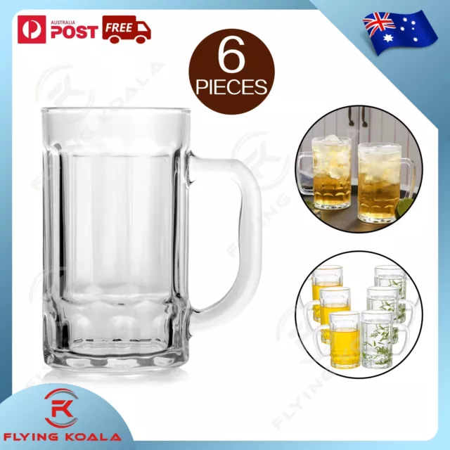 6pcs Glass Beer Stein Mugs Jumbo Durable Clear Mug With Handle Hot/Cold Beverage