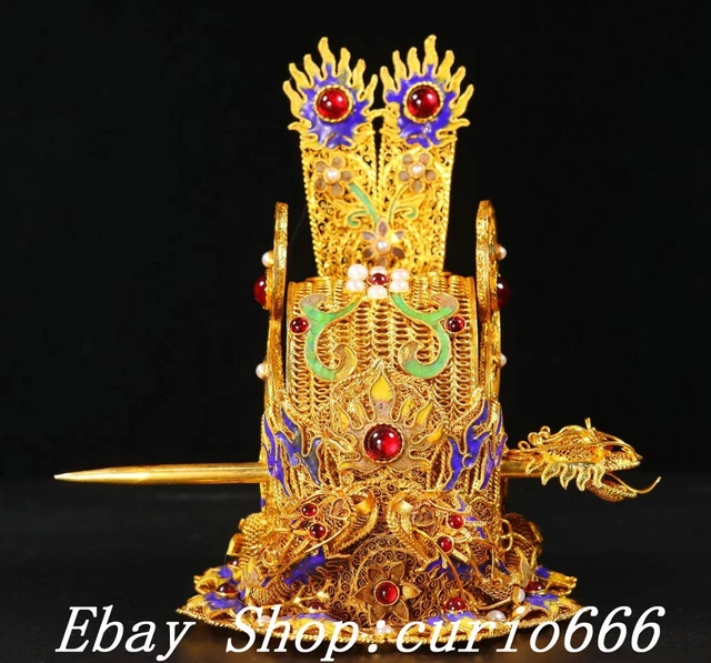 7'' CHINESE COPPER Gilt Inlay Gemstone Dragon Loong Beast Emperor Hat ...