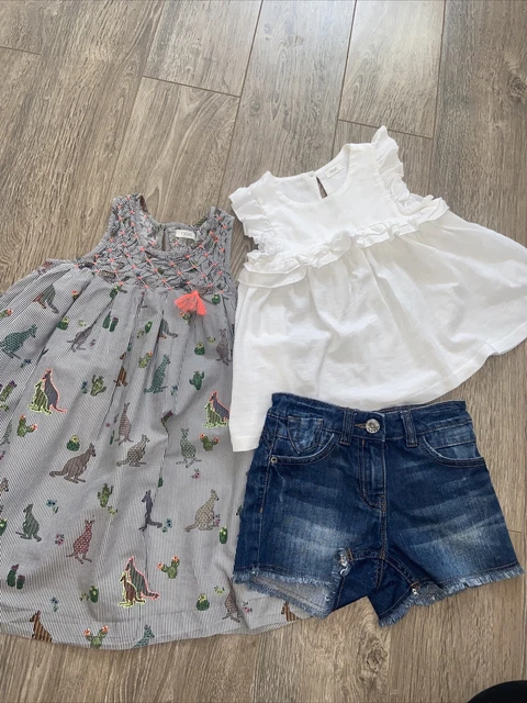NEXT girls Beautiful Summer Outfit Bundle Dress Denim Shorts Frill Top Age 5
