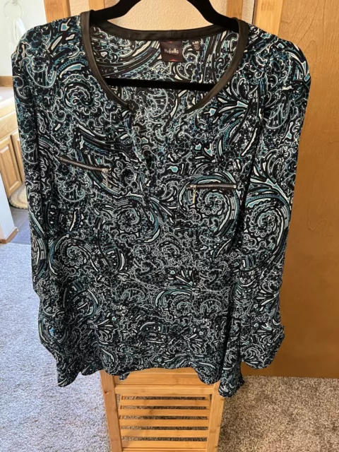 Rafaella Paisley Top Black Blue Size XL Womens Blouse Roll Tab slvs Zip Pocket