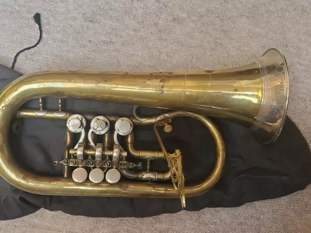 Nice, very old rotary  flugelhorn  in C (?) Nice screws & garland! "J. Zazvonil"