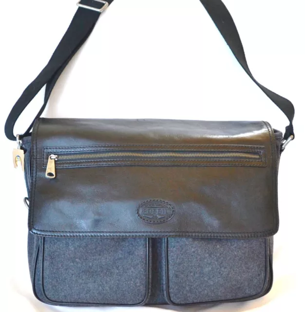 New Fossil Grey,Gray Wool+Black Leather Work Briefcase,Crossbody+Messenger Bag