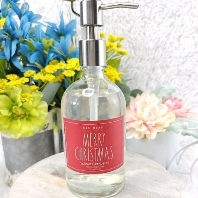 Rae Dunn Merry Christmas Hand Soap Glass Pump Spiced Cranberry Red Bathroom New