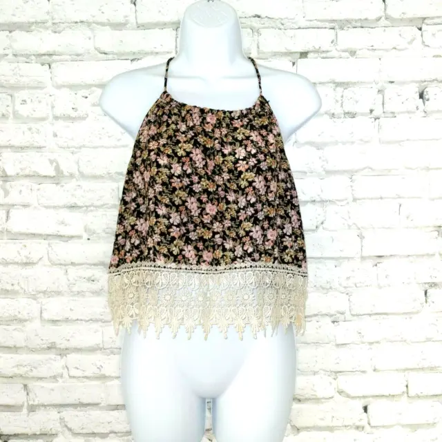 LA Hearts PacSun Top Womems Medium Black Floral Lace Halter Boho Gypsy Hippie