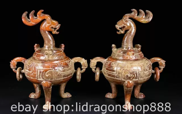 8" Chinese Natural Hetian Nephrite Jade Carving Dragon Head incense burner Pair