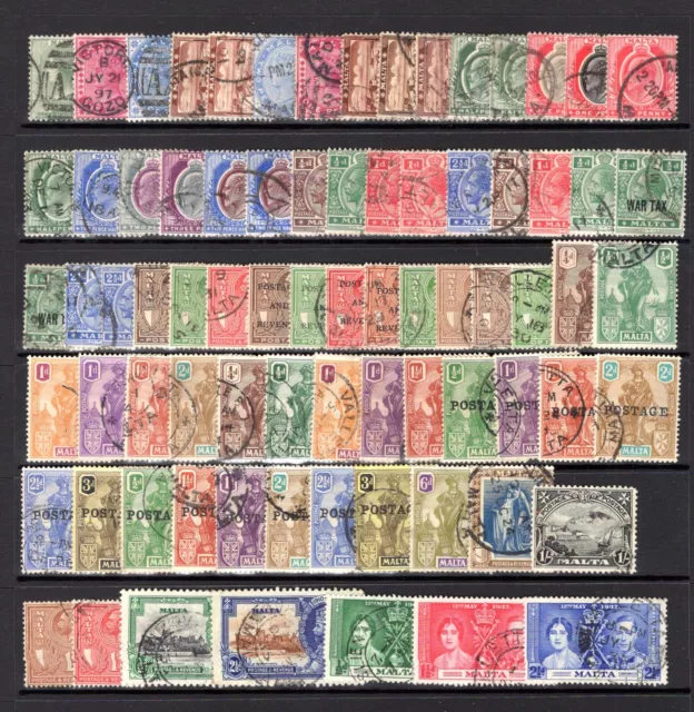 MALTA QV TO KGV1 GOOD TO FINE USED RANGE x 77 STAMPS LIGHT DUPLICATION NOT CAT