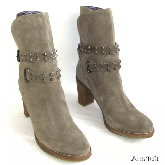 Ann Tuil - Bottines Leon Talons 9 Cm Cuir Daim Taupe 41 - Excellent Etat Boite