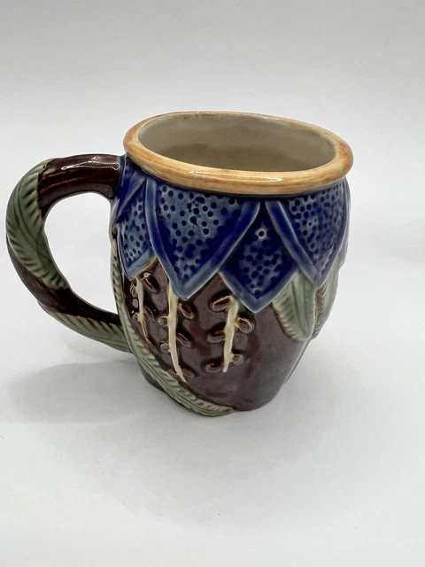 Vtg. Nouveau Majolica Wanjiang Brown Green Leaf Glazed Mug.