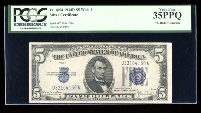 DBR 1934-D $5 Silver Fr. 1654Wi Wide I UA Block PCGS 35 PPQ Serial U33104150A