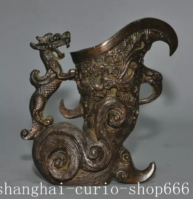 3.8"China dynasty Ancient bronze dragon loong beast goblet wineglass cup Statue