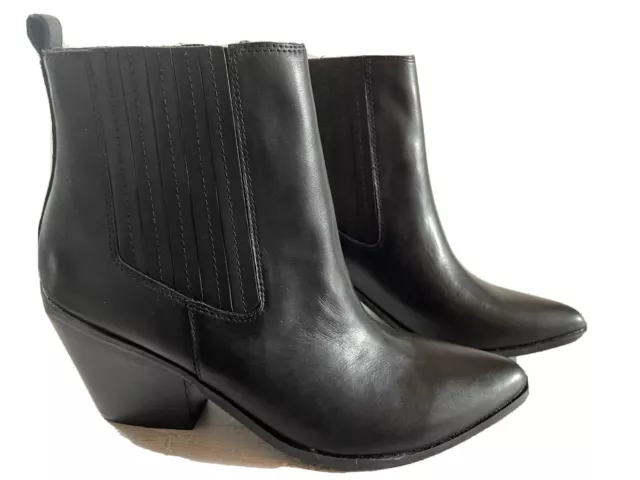 New NINE WEST  Women's 8.5M Black Leather  Ankle Boots Pointed Toe Block Heel