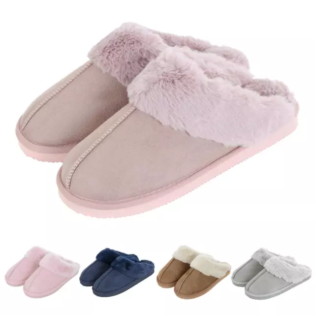 Womens Autumn Faith Ladies Faux Suede Fleece Mule Slippers Hard Non Slip Sole