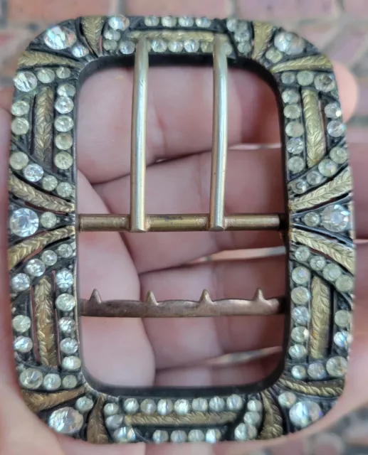 Antique French Silver and Gold Gilt Bronze Rhinestone Buckle 1800s GORGEOUS