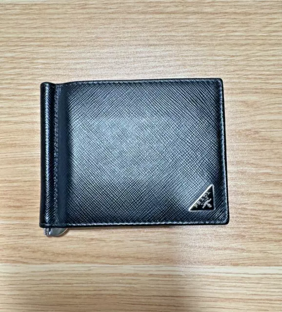 PRADA BLACK SAFIANO Men's Leather Money Clip Bifold Wallet Card Holder ...