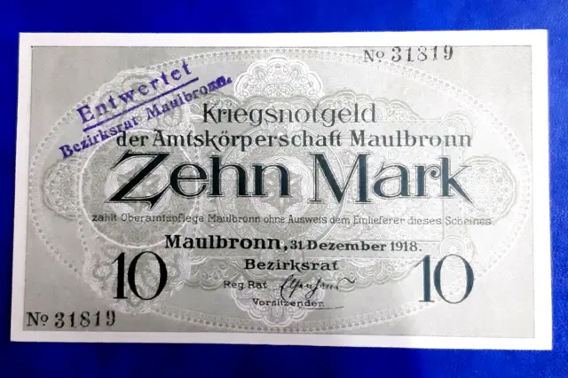 Maulbronn Notgeld 10 Mark 1918 Entwertet Emergency Money Germany Banknote (27565