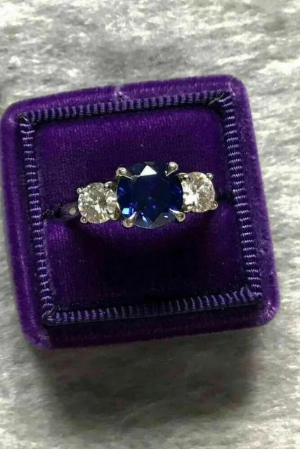 2.50 Ct Round Cut Real Sapphire & Diamond Engagement Ring 14K Solid White Gold