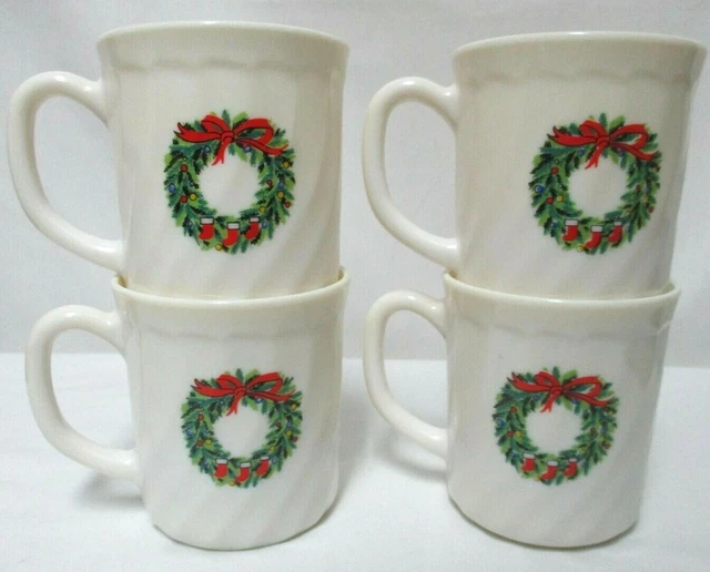 Salem France Noel Vintage Milk Glass Mug Cup Set 4 Christmas Tree Wreath
