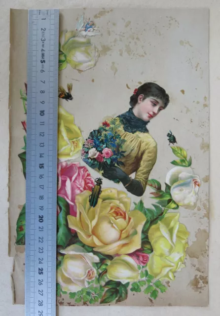 CHROMO ANCIEN, jeune femme, beau & grand chromo, roses, planche découpi, DECOUPI 3