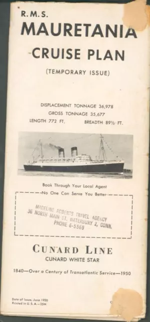 R M S Mauretania Cruise Plan-1950 Cunard Line-Each Deck Detailed Across 2 Pages