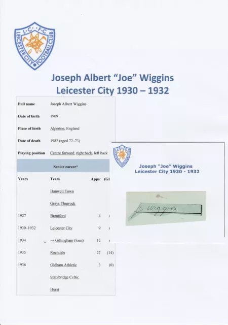 Joe Wiggins Leicester City 1930-1932 Very Rare Original Signed Cutting/Card