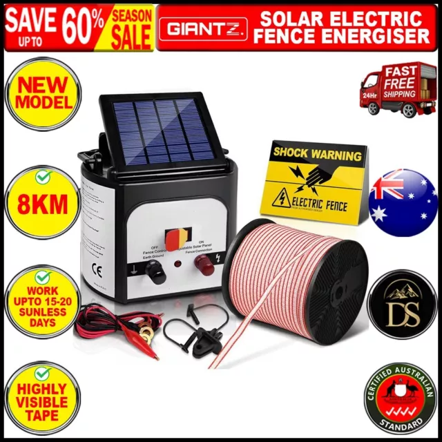 Giantz Electric Fence Energiser 8km Solar Charger set 0.3j Farm Animal with Wire