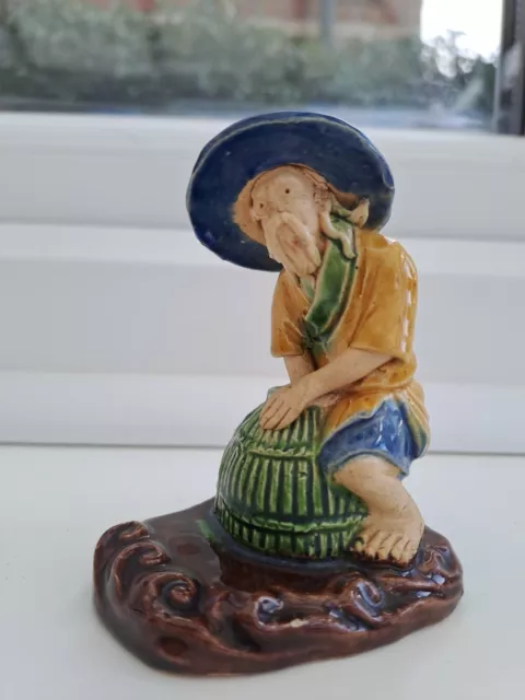 Vintage Chinese Mudman Pottery Figure Numbered 206 Man with hand in Basket / Hat