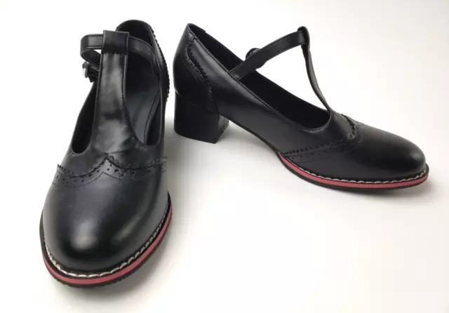 BUTITI Womens Black Oxford Pump Heels Strap w/ Adjustable Buckle Size 8.5 M US