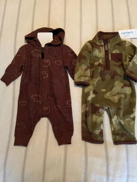 Carter’s Baby Boys 3 Months 2 Piece Coverall Set Fleece Camo Zip Brown Bear Zip