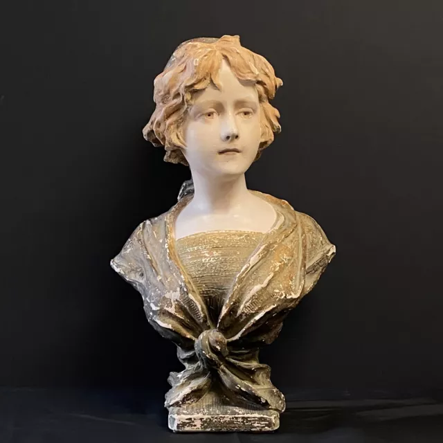 Ancienne Statue Plâtre Buste de Jeune Fille Art Déco -  H. 47,5 cm