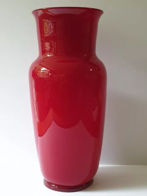 SIGNED ITALIAN MURANO VENINI OPALINO RED CASED GLASS LARGE 37cm VASE