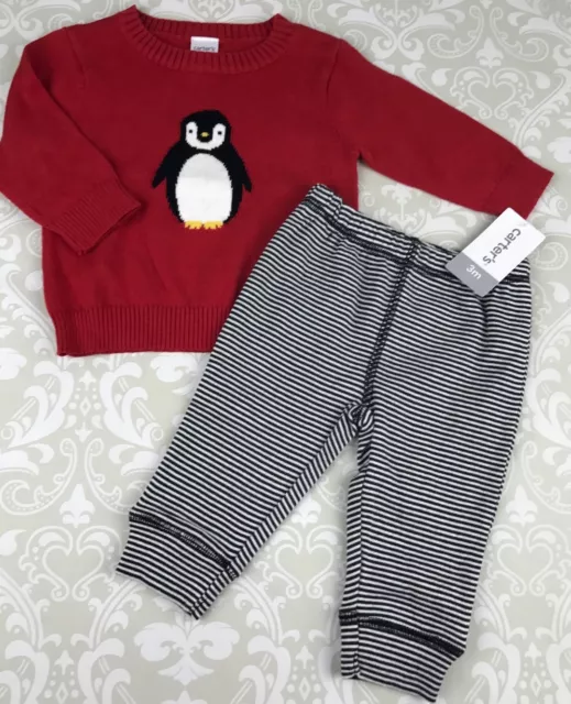 NWT Carters Baby Boy 3 Mo Penguin 2 Piece Sweater Pants Outfit Red Black