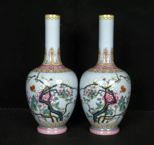 7.7"Old dynasty Porcelain yongzheng mark pair colour enamels flowers plants vase