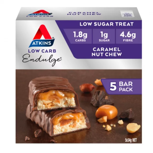 Atkins Low Carb Endulge Bars 5 x 34g - Caramel Nut Chew Low Sugar Treat Indulge