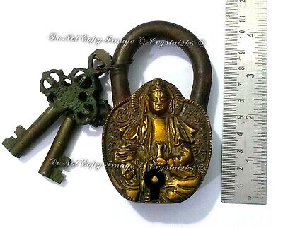 Solid Auspicious Buddha Lock Antique Vintage Style Brass Handmade Padlock & Keys