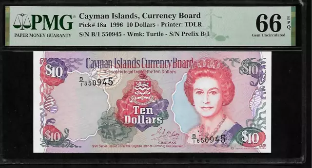 Cayman Islands 10 Dollars 1996 PMG 66 EPQ UNC P#18a Queen Elizabeth II