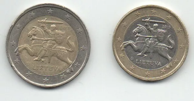 Lituanie 2015, lot de 2 pièces coins : 1 euro, 2 euros