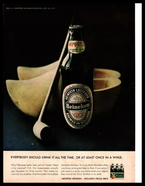 1966 Heineken Lager Beer From Holland 6 Pack Wooden Dutch Clogs Pipe Print Ad