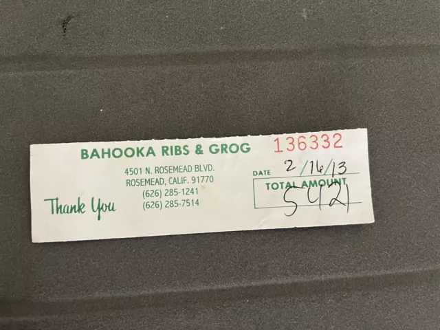 Bahooka Ribs Polynesian Tiki Restaurant Receipt