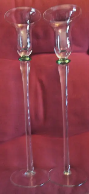 Set Of 2 Elegant Small Candlestick Holders/Long Stem/Green Twist In Middle/Used