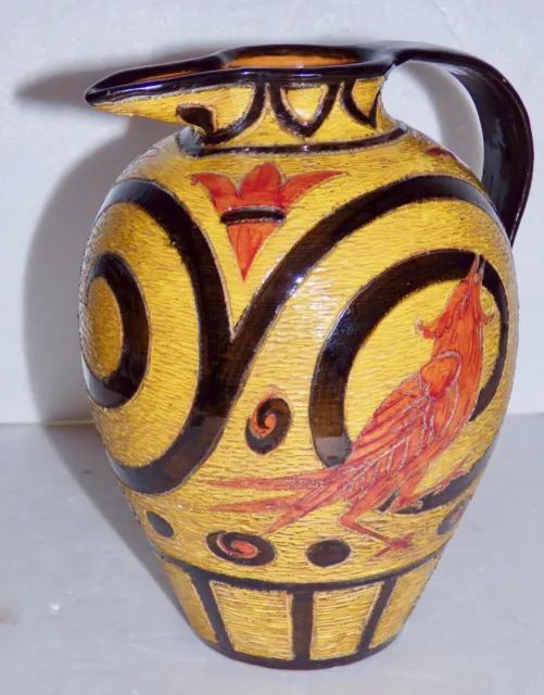  Sgraffito Majolica DERUTA ITALIAN Jug Vase Art Nouveau Deco Bird incised RELIEF