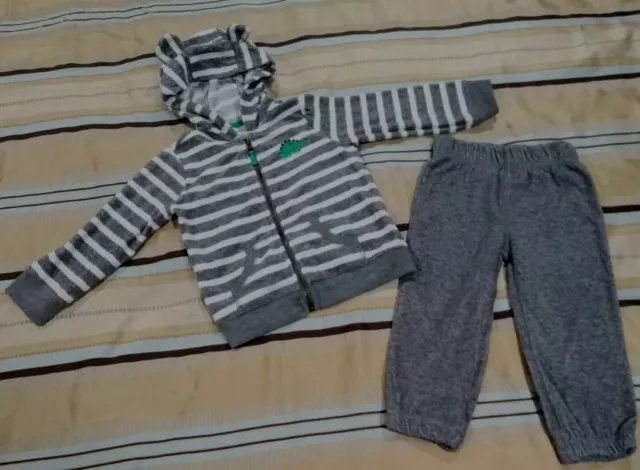 Baby Boy's Carters Gray White Green Dinosaur 2pc Hoodie Pants Set Size 24 Months