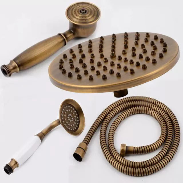 Handheld Shower Heads Antique Brass 8in Round Rainfall Bathroom Bracket Hose Arm