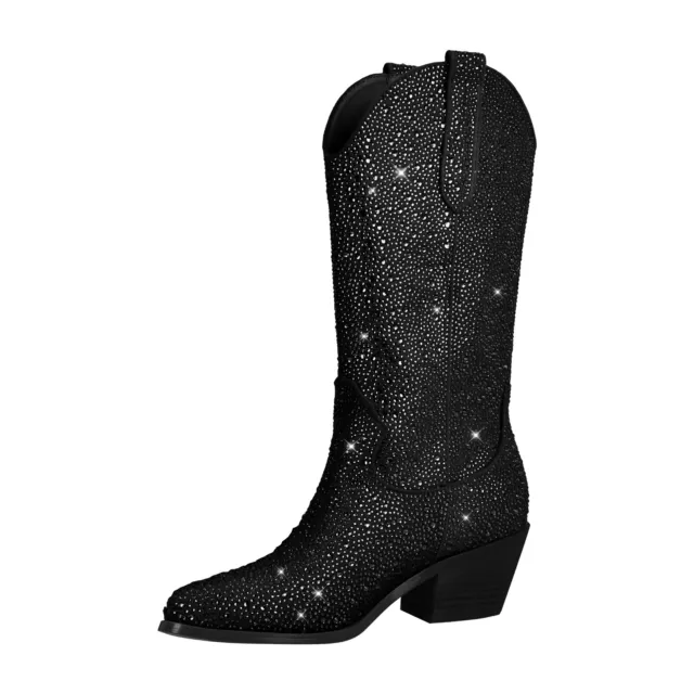 Women's Western Cowboy Cowgirl Boots Rhinestone Glitter Crystal Mid Calf Boots