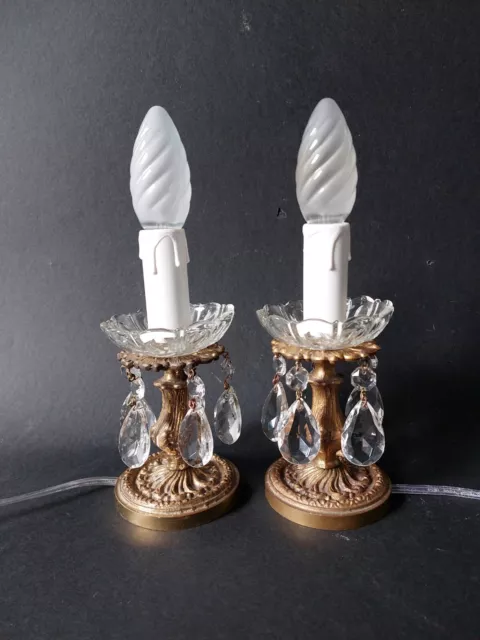 Antique Vintage Pair French Brass Crystals Empire style Table Lamps bedside